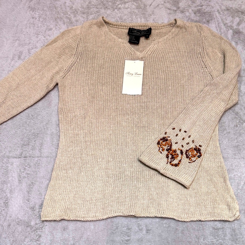Terry Lewis Linen Cotton Knit‎ Sweater Beaded Sleeves Neutral Beige Size M NWT